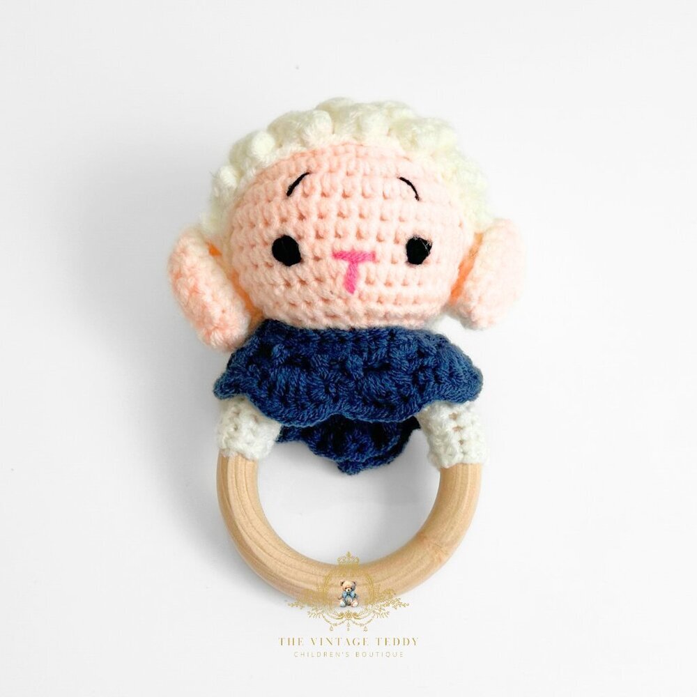 NWT Cute Handmade Crochet Lamb Baby Rattle Baby & Toddler Wooden Plush Toys